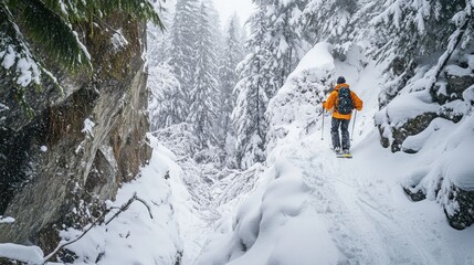 A snowboarder descending a narrow, steep off-road path, with snow-covered trees and rocks creating a dramatic freeride challenge.