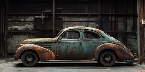 A rusty vintage car in a garage with shelves.