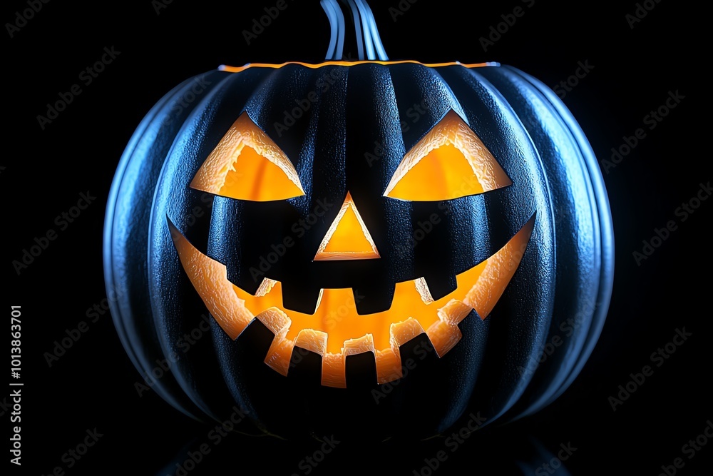 Poster hyper-realistic close-up of a glowing jack-oâ€™-lantern, its carved face flickering with eerie light