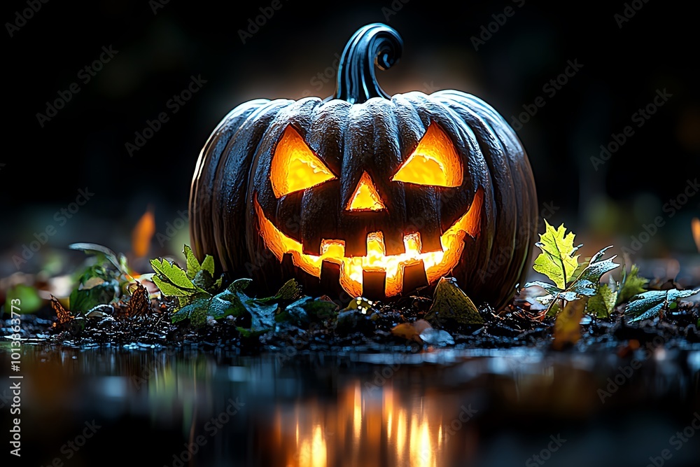 Poster hyper-realistic close-up of a glowing jack-oâ€™-lantern, its carved face flickering with eerie light