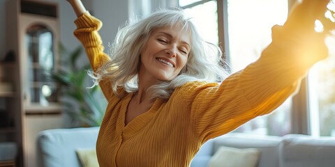 50-year-old woman dancing in living room