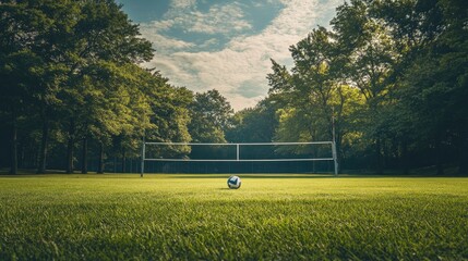 Obraz premium A volleyball court on a lush green field, with the ball centered under the net and trees lining the background, waiting for the next match to begin.