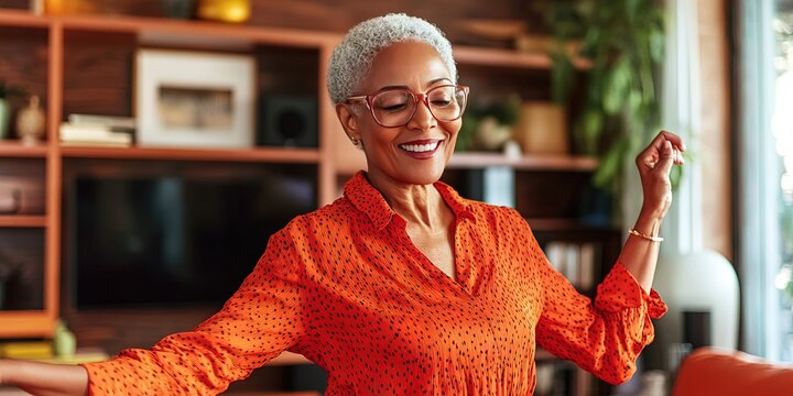 50-year-old woman dancing in living room