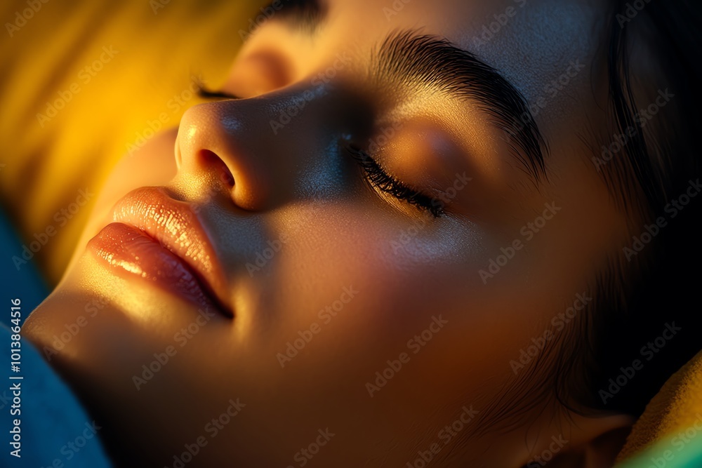 Poster hyper-realistic close-up of a personâ€™s face in meditation, with soft light glowing around them, sy