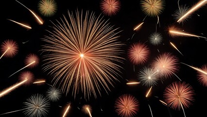 Naklejka premium A sky filled with colorful bursts of firecrackers, set against a plain black background, capturing the excitement and festivity of Diwali night.