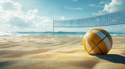 A volleyball resting on a beach volleyball court with smooth sand, surrounded by a clear sky and distant ocean waves. The net stands in the background.