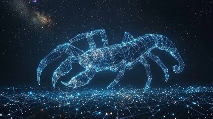 A striking blue wireframe scorpion stands against a cosmic backdrop, suggesting a captivating blend of nature, technology, and the infinite universe.