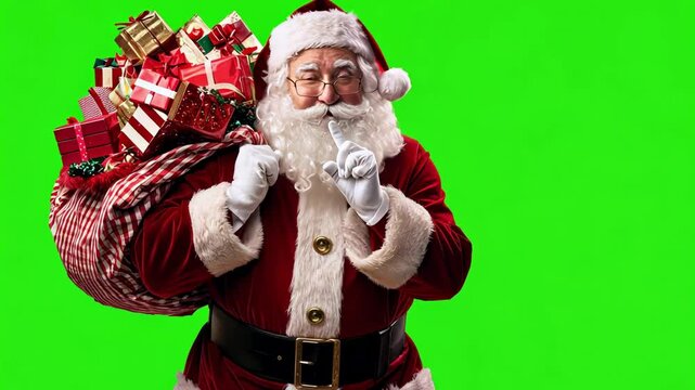 Santa claus smiling and doing sush sign with fingers while holding bag of presents over green chroma key