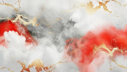 Marble texture, surrounded by gold strokes, clouds and mist, red color scheme