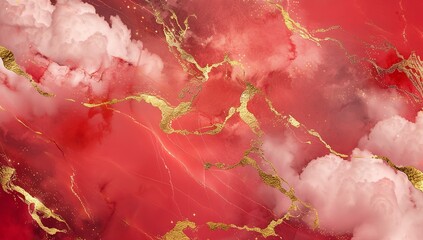 Marble texture, surrounded by gold strokes, clouds and mist, red color scheme
