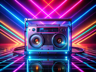 A vintage 8-track tape glowing with neon lights, hovering in front of a futuristic stereo system.