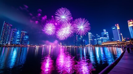 Obraz premium Spectacular New Year Fireworks Over Urban Skyline