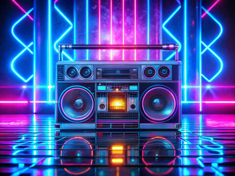 A vintage 8-track tape glowing with neon lights, hovering in front of a futuristic stereo system.