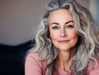 Fototapeta premium A woman with wavy gray hair smiles warmly in a cozy indoor setting during daylight hours