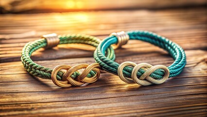 Obraz premium Colorful friendship bracelets on wooden background with warm sunlight