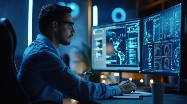 Software developer working on computer with multiple monitors showing interface with graphics and code at night