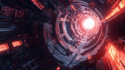 Obraz premium Futuristic tunnel glowing red and leading to a bright light at the end