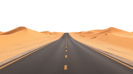 Straight road through desert landscape with dunes isolated on Transparent background PNG
