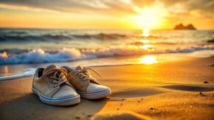 Obraz premium Casual sneakers on sandy beach with sunset background, evoking summer vibes