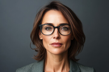 Obraz premium Professional woman with glasses poses for a confident portrait against a gray background