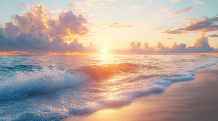 A serene beach scene at sunset, with soft waves lapping at the shore and vibrant colors painting the sky