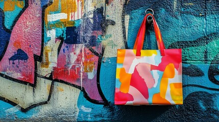 Colorful tote bag hanging on a graffiti wall.