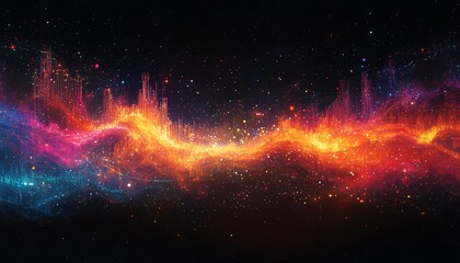 A vibrant abstract depiction of sound waves in hues of orange, pink, and blue, contrasted against a black background, evoking a sense of energy and motion.