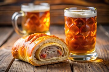 Bavarian speciality sausage roll with a beer Close-Up