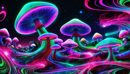 Fototapeta premium Fantasy Mushroom Forest Under A Starry Night Sky With Aurora
