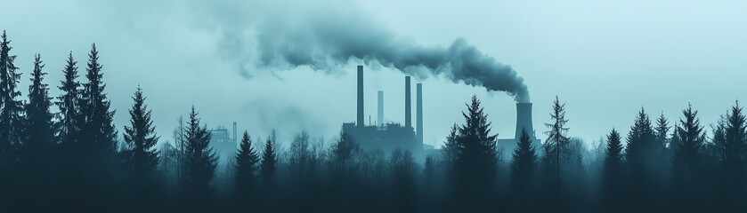 Industrial landscape shrouded in fog, featuring tall smokestacks emitting smoke into a misty forest backdrop.