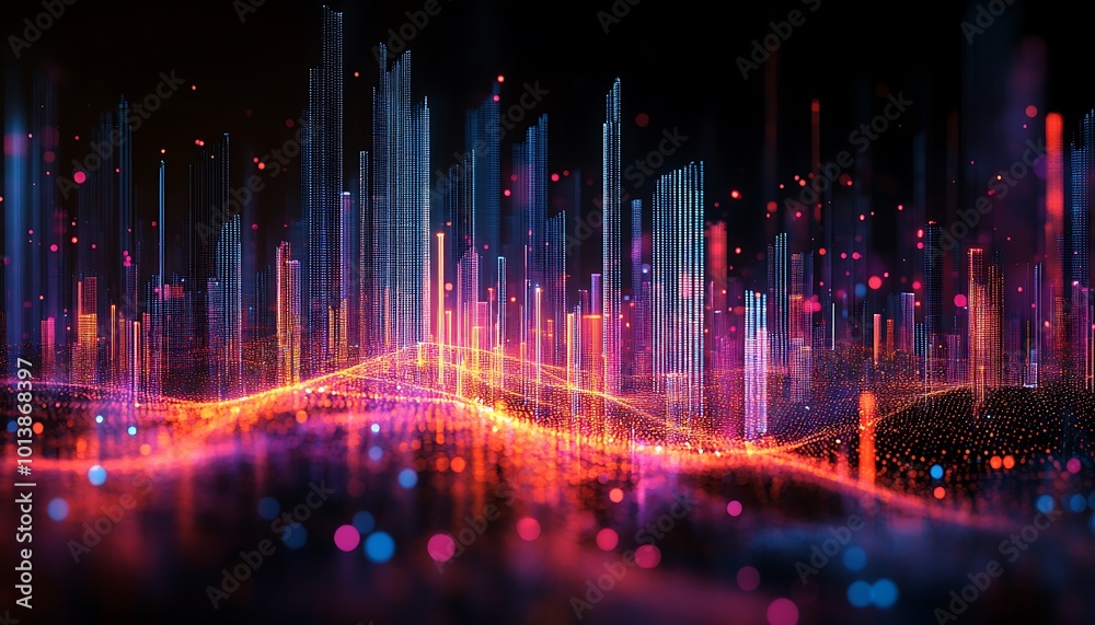 Aufkleber A vibrant visualization of abstract data, featuring colorful lines and glowing points that create a dynamic cityscape effect.