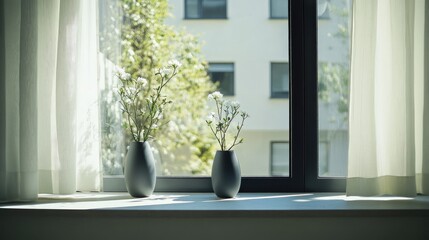 Minimalist-style balcony window adorned with sleek flower vases, soft light highlighting the calm and modern atmosphere.