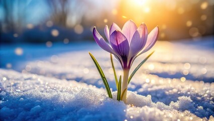 Beautiful crocus flowers blooming in snow under morning sunlight