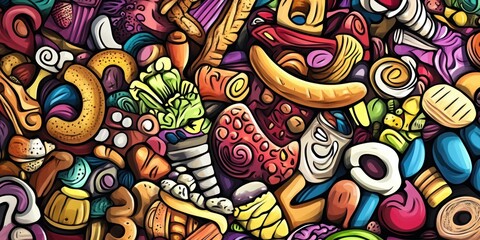 Colorful hand-drawn doodle pattern with various objects.