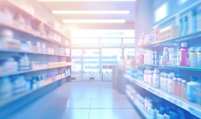 Blurred view of pharmacy shelves with various products. Health and medicine concept.