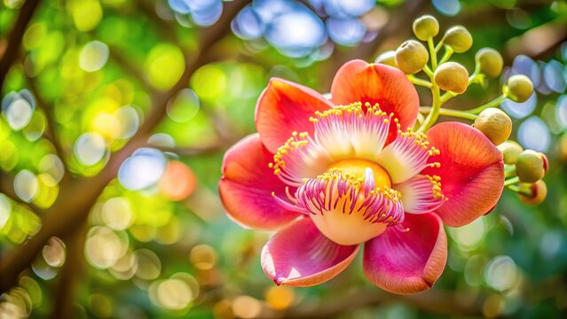 Beautiful Panoramic Cannonball flower or Sal Tree with blurred leaves background