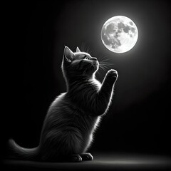 A little gray cat reaches for the moon. Created with Generative AI technology