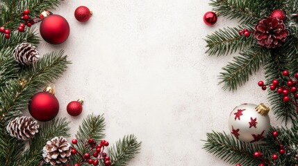 Christmas card with fir branches and Christmas decorations. Copy space.