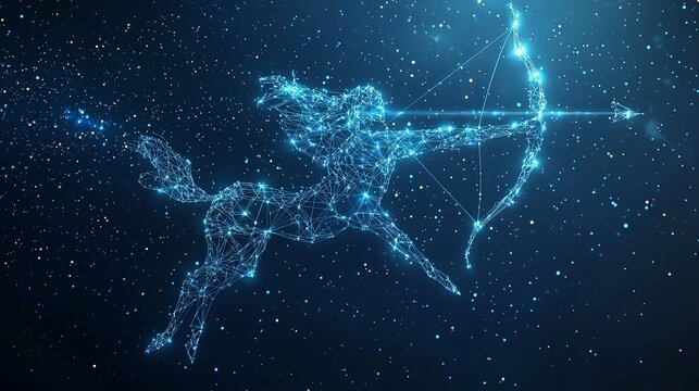 A digital centaur archer, mid-shot with glowing bow, amidst a sparkling cosmic expanse, creating a surreal blend of mythology and starlit beauty.