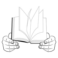 Two human hands holding an open book. Emblem of reading and education. Black and white linear silhouette.