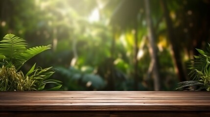 Wood tabletop counter podium floor in outdoors tropical garden forest blurred green leaf plant nature background. Neural network ai generated art