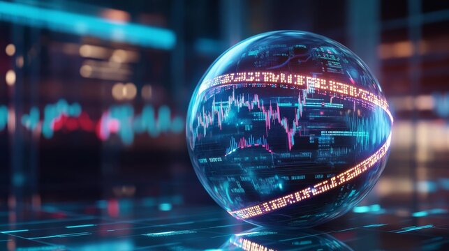 A glowing futuristic stock ticker wrapping around a massive digital sphere, showing the pulse of a hyper-connected economy, selective focus on foreground, ultra HD,