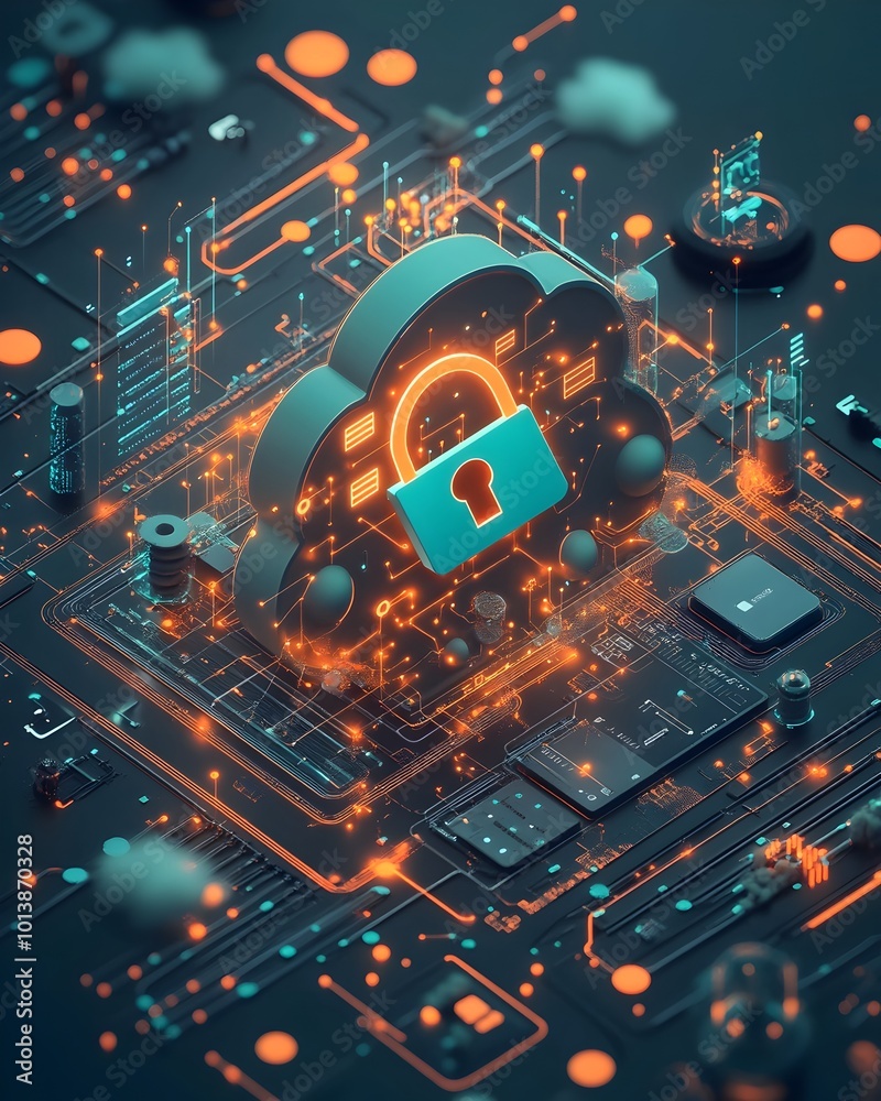Poster secure cloud computing with futuristic engineered padlock icon on abstract data sphere precision eng
