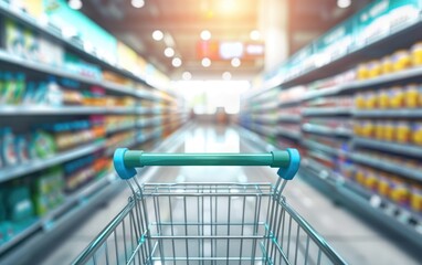 Shopping cart in a blurred grocery store aisle. Retail and consumer shopping concept.