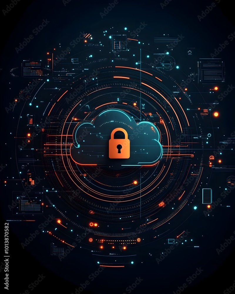 Poster secure cloud computing with futuristic padlock icon and precision engineered galactic backdrop abstr