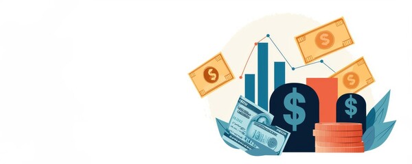 Fototapeta premium Currency symbols swirling, money and graphs, flat design illustration, copy space for text,