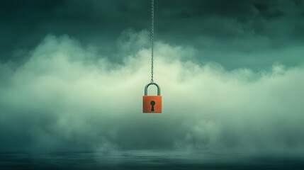 A padlock floating and suspended in a fluffy billowing cloud of misty opaque vapor with cinematic lighting and an impressionistic style creating a tranquil meditative and dreamlike atmosphere