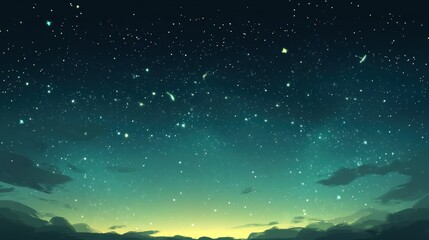 A vibrant green and yellow night sky with a multitude of stars and a few clouds.