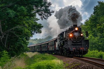 Obraz premium Steam locomotive with smoke moving through a forested railway track. Vintage train travel concept.
