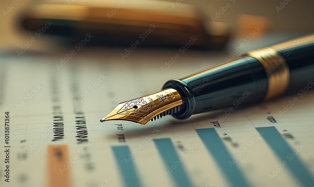 Aufkleber a close-up of a fountain pen atop a document with graph-like elements, reflecting a theme of writing